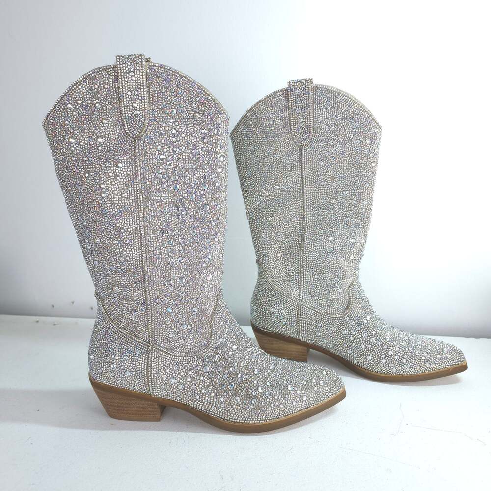 NEW Madden Girl Steve Madden Redford Rhinestone Western Boot Silver Size 8M